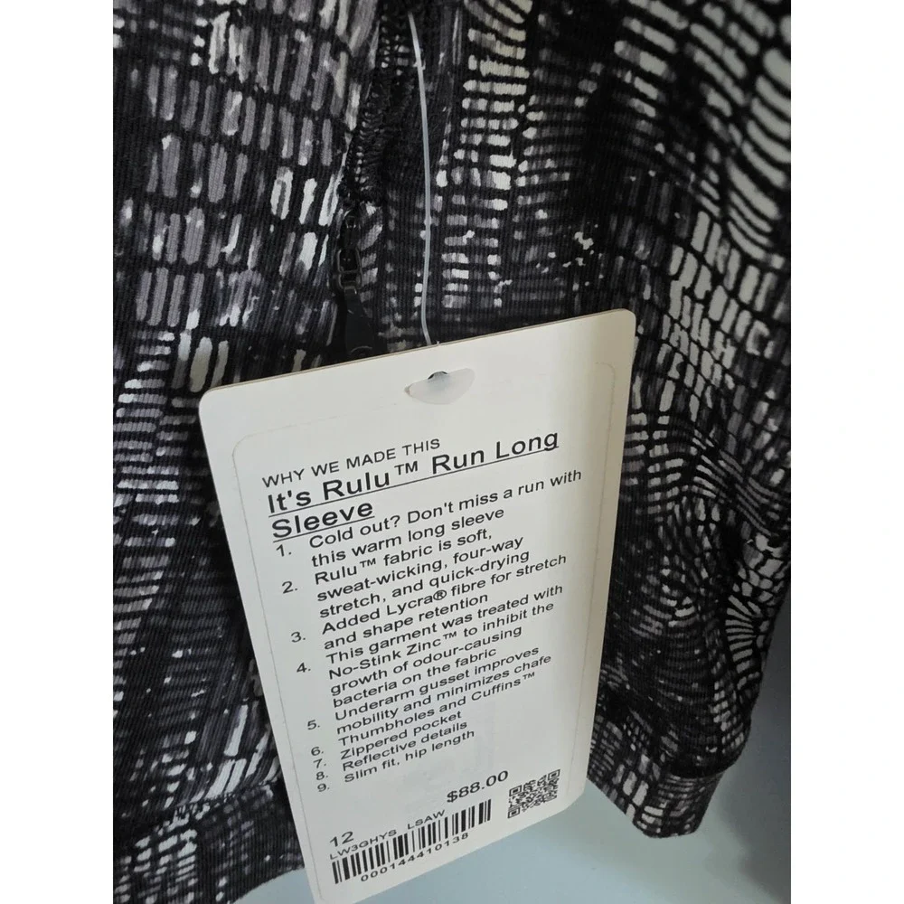 NWT Lululemon It's Rulu Run Long Sleeve Shirt Black White Print Womens 12